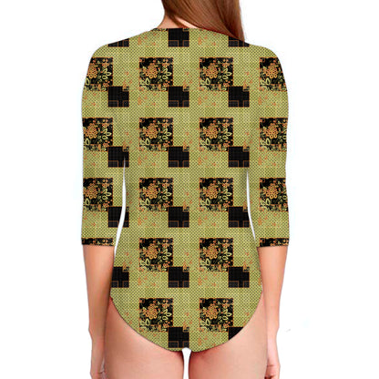 Vintage Flower Patchwork Pattern Print Long Sleeve Swimsuit