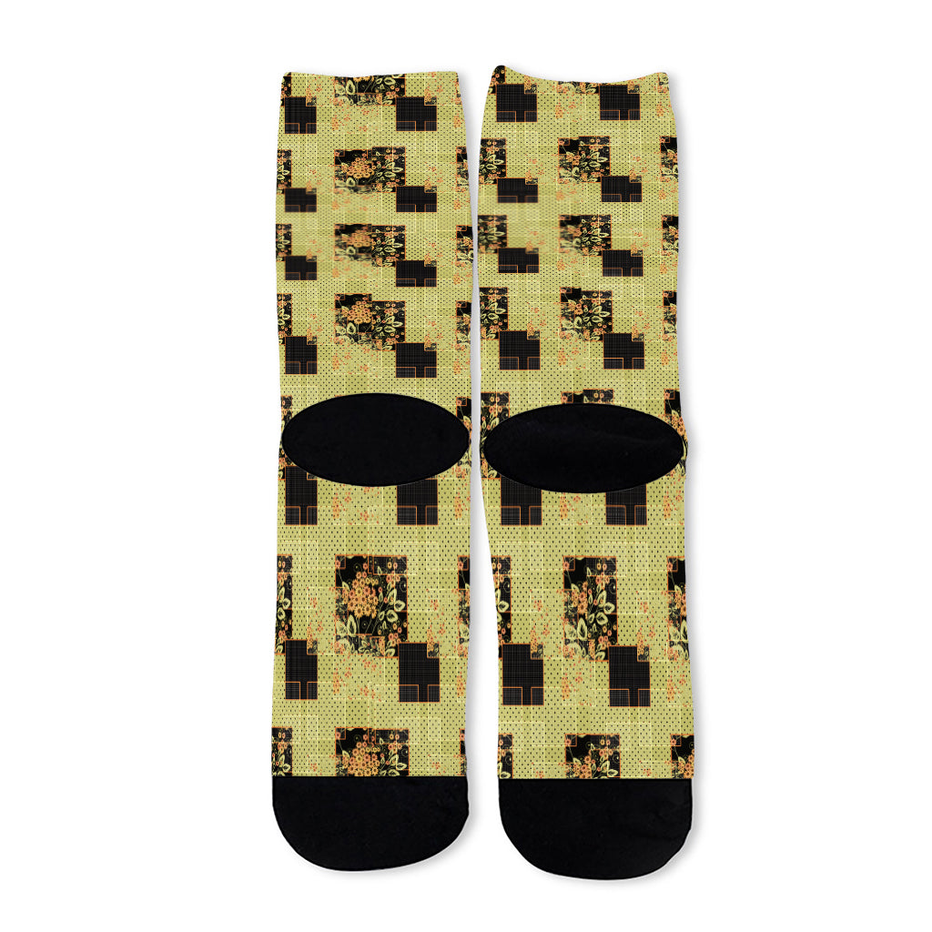 Vintage Flower Patchwork Pattern Print Long Socks