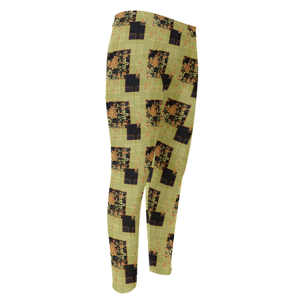 Vintage Flower Patchwork Pattern Print Men's Compression Pants