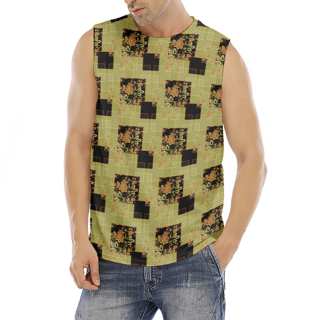 Vintage Flower Patchwork Pattern Print Men's Fitness Tank Top