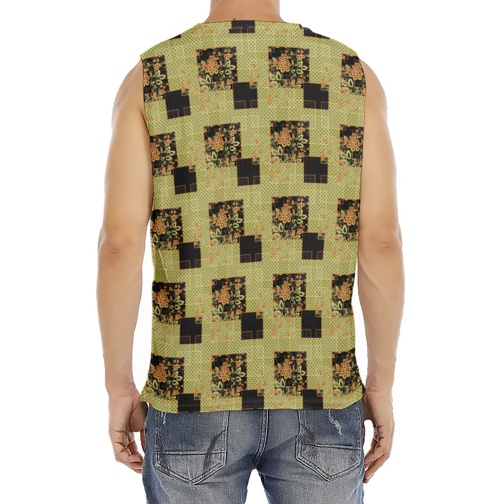 Vintage Flower Patchwork Pattern Print Men's Fitness Tank Top