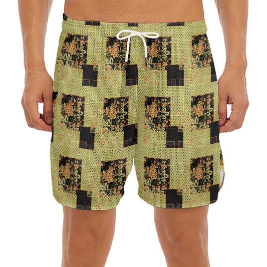 Vintage Flower Patchwork Pattern Print Men's Split Running Shorts