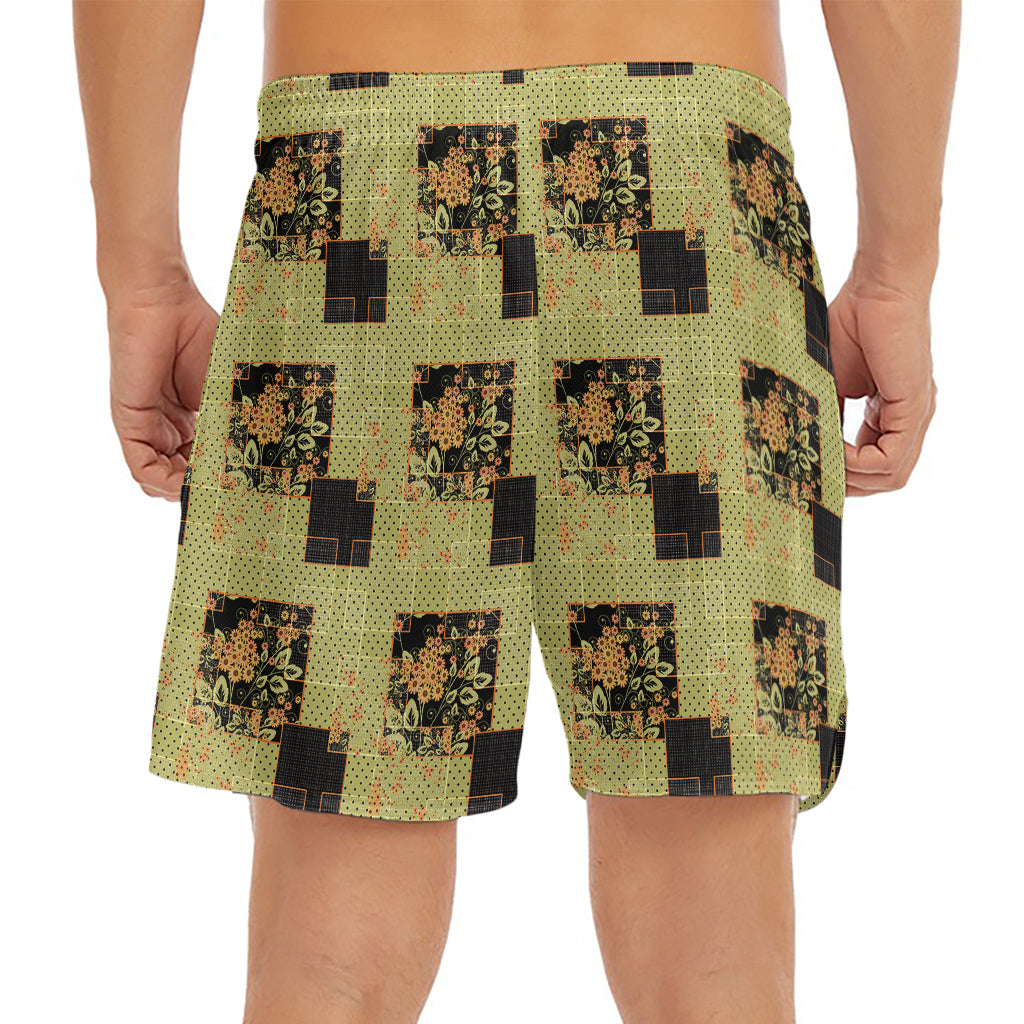 Vintage Flower Patchwork Pattern Print Men's Split Running Shorts