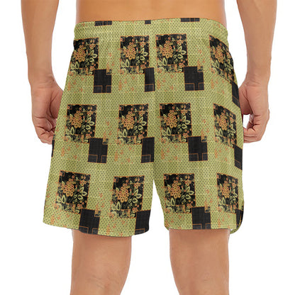 Vintage Flower Patchwork Pattern Print Men's Split Running Shorts