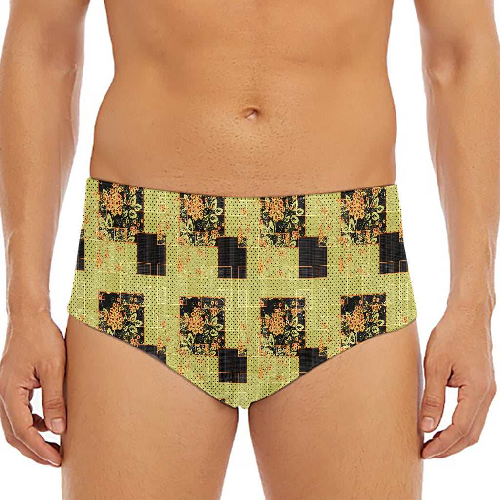 Vintage Flower Patchwork Pattern Print Men's Triangle Swim Briefs