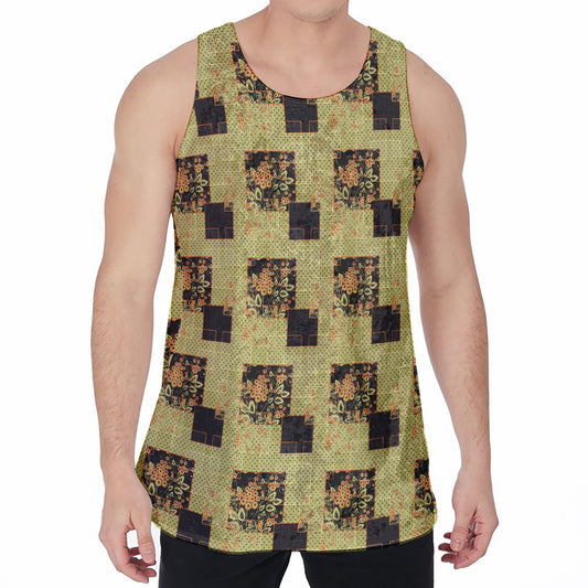 Vintage Flower Patchwork Pattern Print Men's Velvet Tank Top