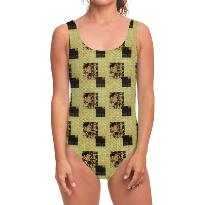 Vintage Flower Patchwork Pattern Print One Piece Swimsuit