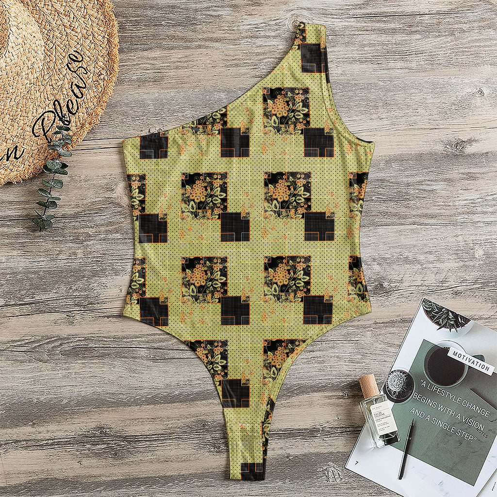 Vintage Flower Patchwork Pattern Print One Shoulder Bodysuit