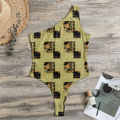 Vintage Flower Patchwork Pattern Print One Shoulder Bodysuit