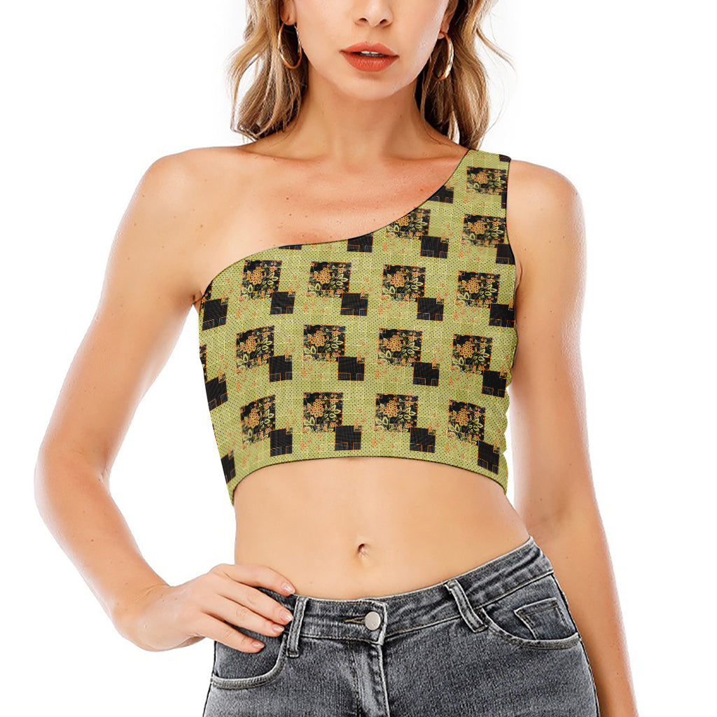 Vintage Flower Patchwork Pattern Print One Shoulder Crop Top