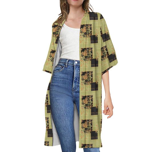 Vintage Flower Patchwork Pattern Print Open Front Beach Cover Up