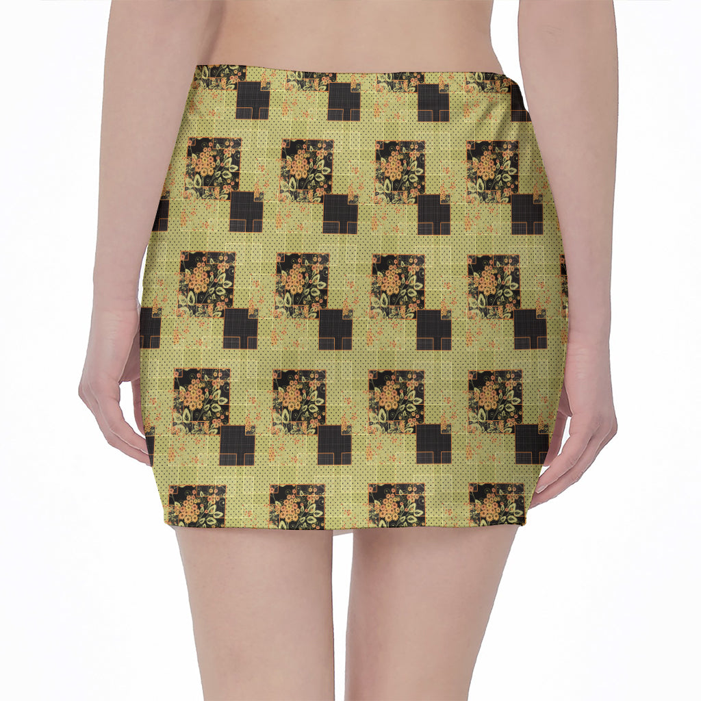 Vintage Flower Patchwork Pattern Print Pencil Mini Skirt