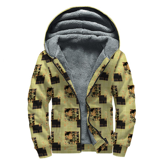 Vintage Flower Patchwork Pattern Print Sherpa Lined Zip Up Hoodie