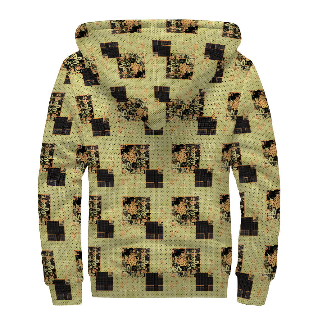 Vintage Flower Patchwork Pattern Print Sherpa Lined Zip Up Hoodie