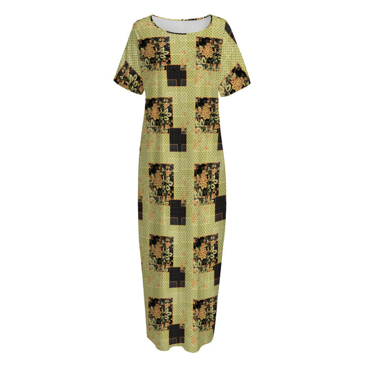 Vintage Flower Patchwork Pattern Print Short Sleeve Long Nightdress