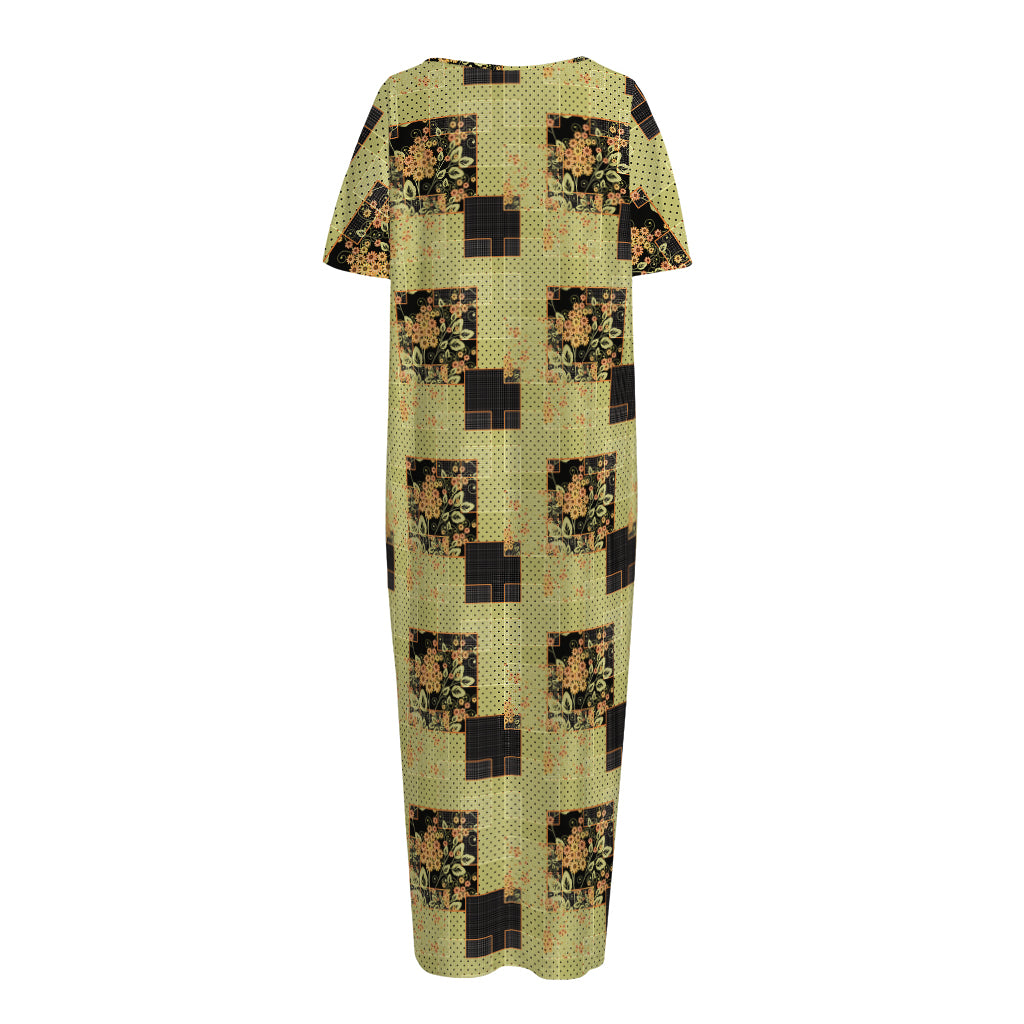 Vintage Flower Patchwork Pattern Print Short Sleeve Long Nightdress