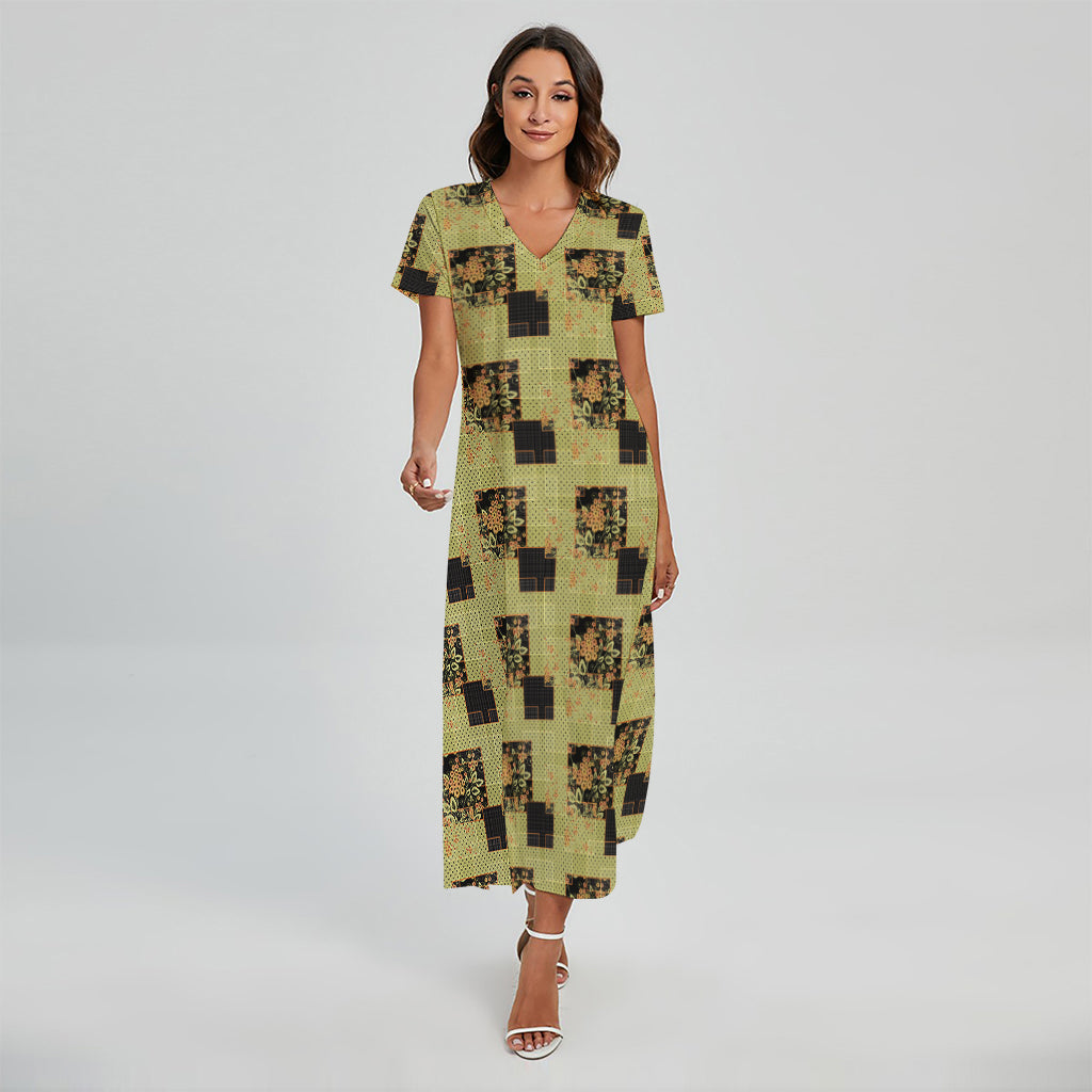 Vintage Flower Patchwork Pattern Print Short Sleeve Maxi Dress