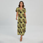 Vintage Flower Patchwork Pattern Print Short Sleeve Maxi Dress