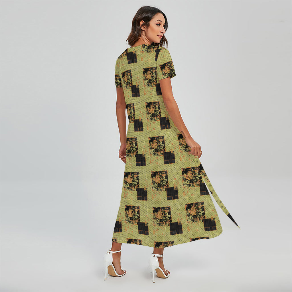 Vintage Flower Patchwork Pattern Print Short Sleeve Maxi Dress
