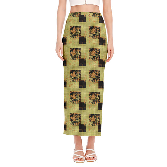 Vintage Flower Patchwork Pattern Print Side Slit Maxi Skirt