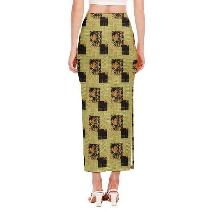 Vintage Flower Patchwork Pattern Print Side Slit Maxi Skirt