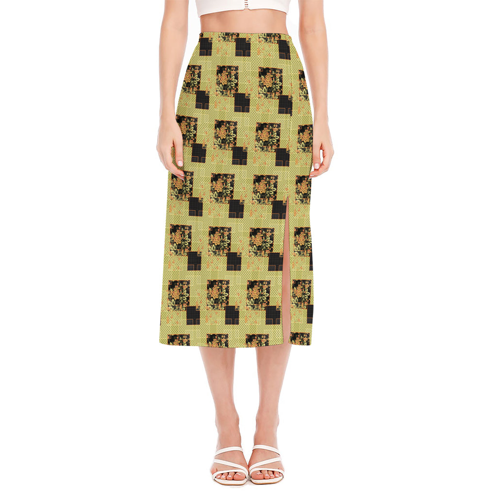 Vintage Flower Patchwork Pattern Print Side Slit Midi Skirt