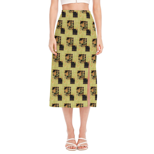 Vintage Flower Patchwork Pattern Print Side Slit Midi Skirt