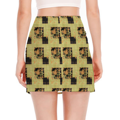 Vintage Flower Patchwork Pattern Print Side Slit Mini Skirt