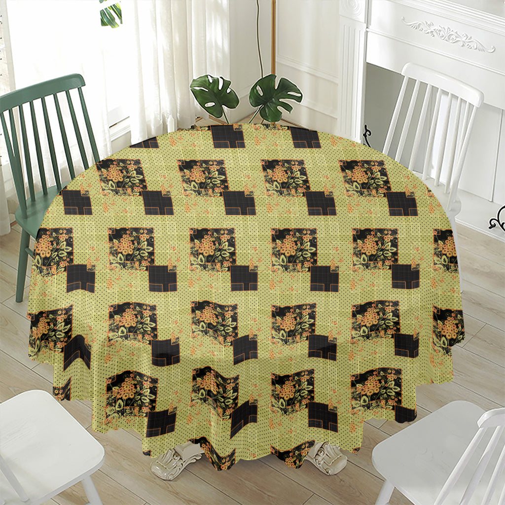 Vintage Flower Patchwork Pattern Print Waterproof Round Tablecloth