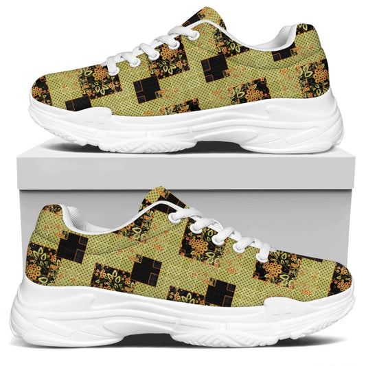 Vintage Flower Patchwork Pattern Print White Chunky Shoes