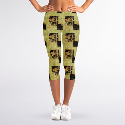 Vintage Flower Patchwork Pattern Print Women's Capri Leggings