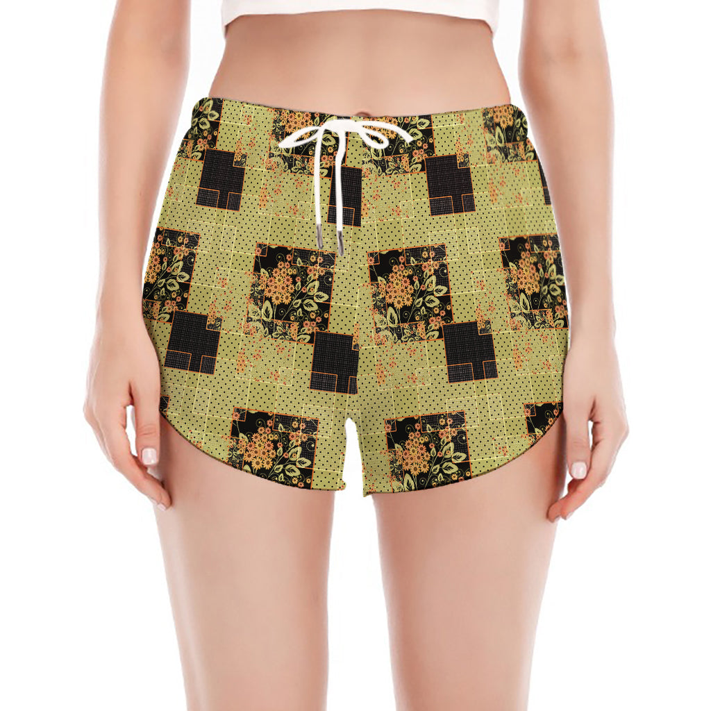 Vintage Flower Patchwork Pattern Print Women's Split Running Shorts