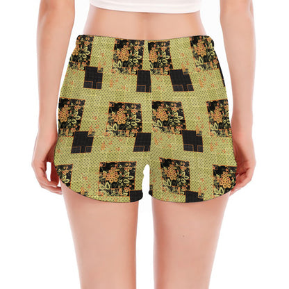 Vintage Flower Patchwork Pattern Print Women's Split Running Shorts