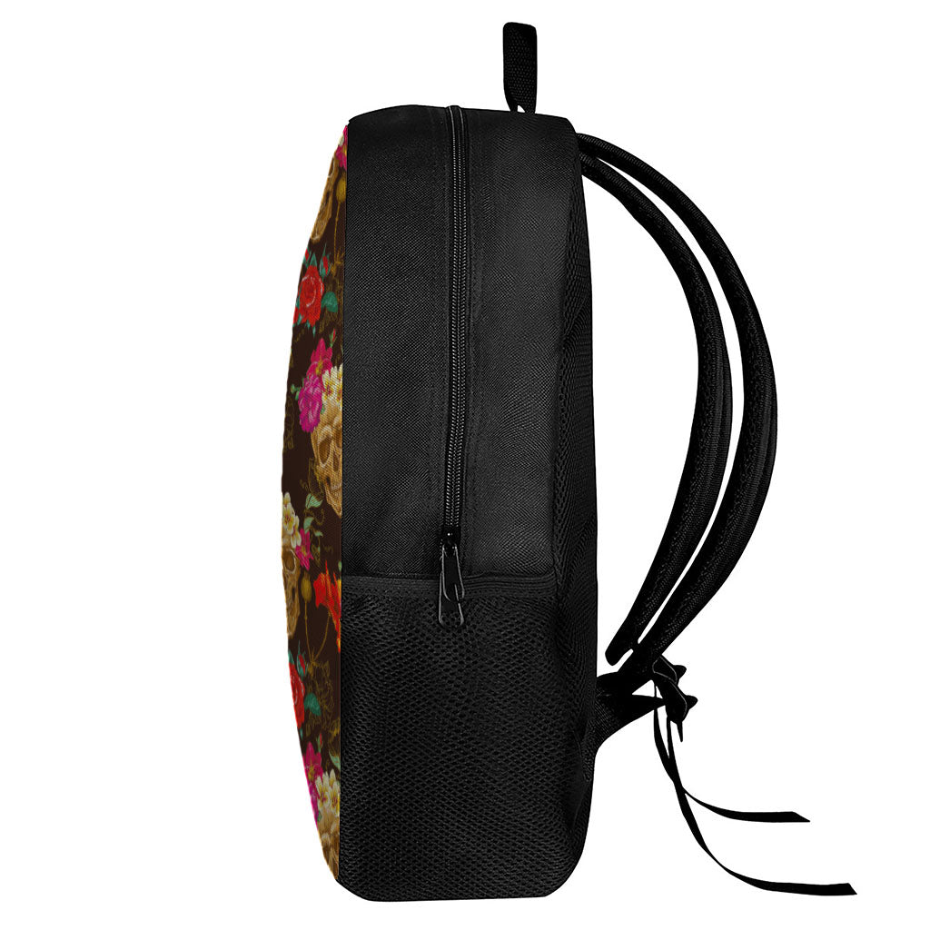 Vintage Flowers Skull Pattern Print 17 Inch Backpack