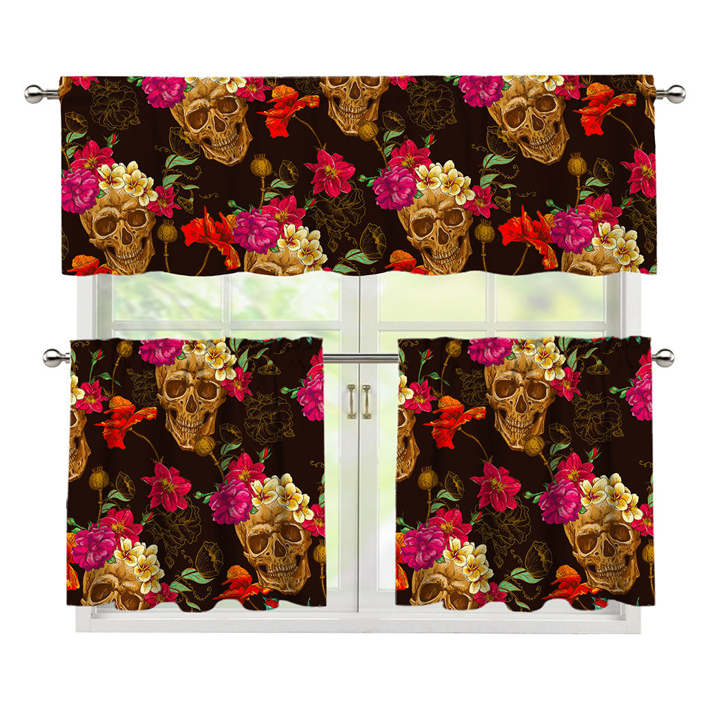 Vintage Flowers Skull Pattern Print 3 Piece Kitchen Curtains