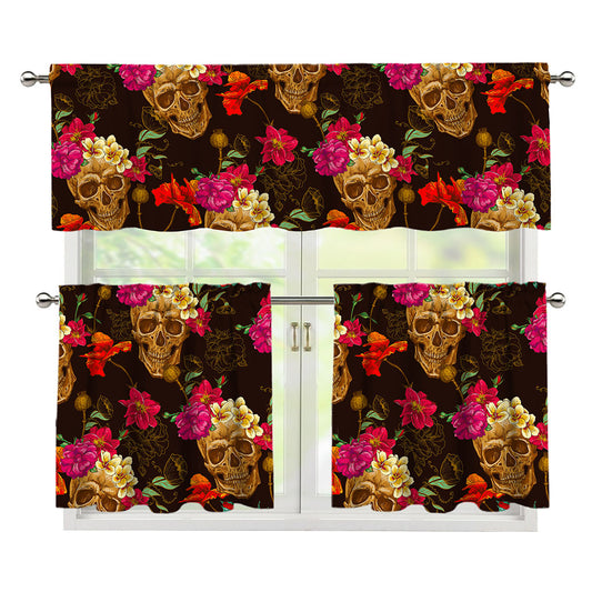 Vintage Flowers Skull Pattern Print 3 Piece Kitchen Curtains