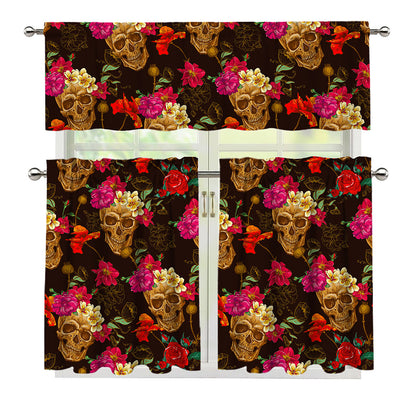 Vintage Flowers Skull Pattern Print 3 Piece Kitchen Curtains