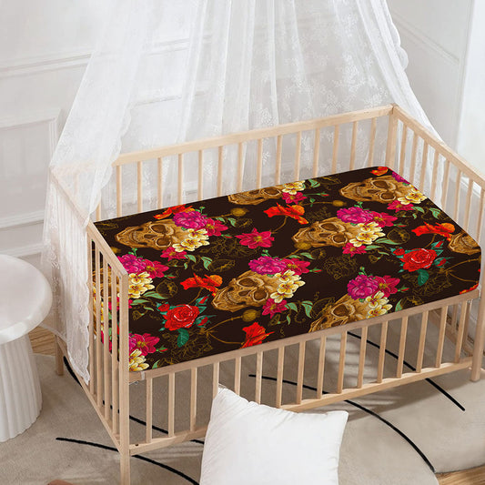 Vintage Flowers Skull Pattern Print Baby Crib Sheet
