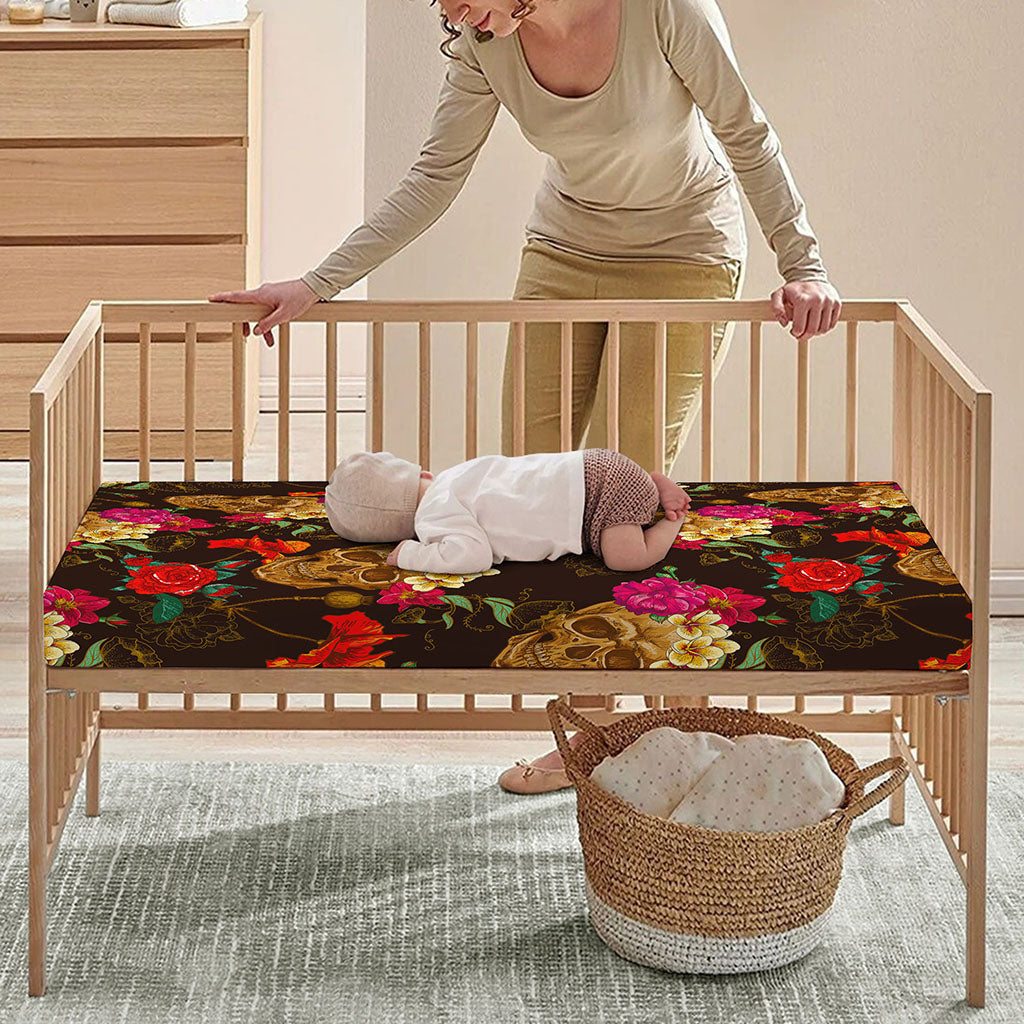 Vintage Flowers Skull Pattern Print Baby Crib Sheet