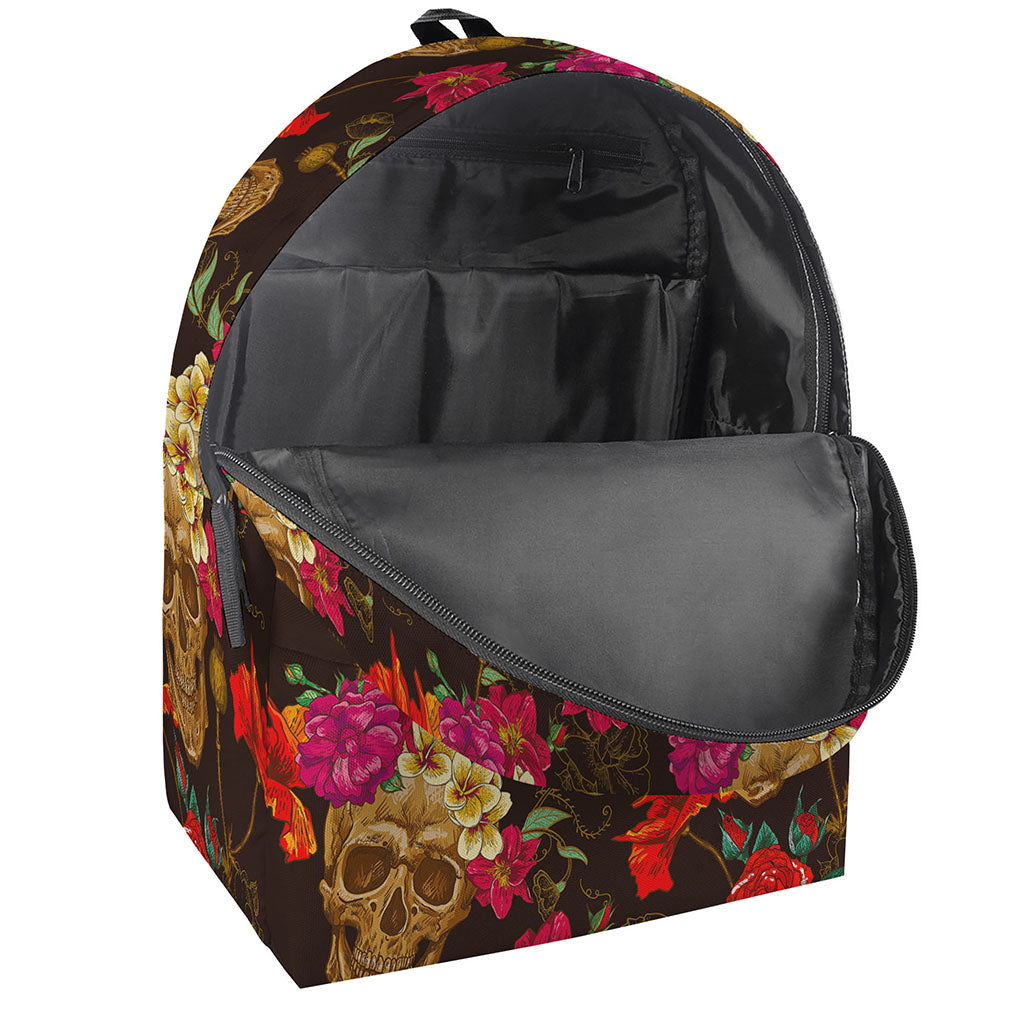 Vintage Flowers Skull Pattern Print Backpack