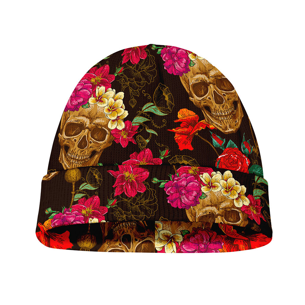Vintage Flowers Skull Pattern Print Beanie