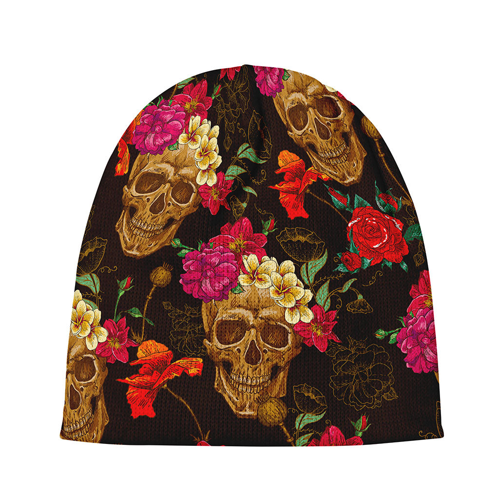 Vintage Flowers Skull Pattern Print Beanie