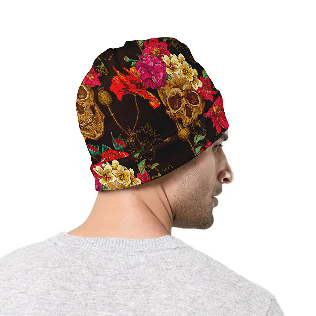 Vintage Flowers Skull Pattern Print Beanie