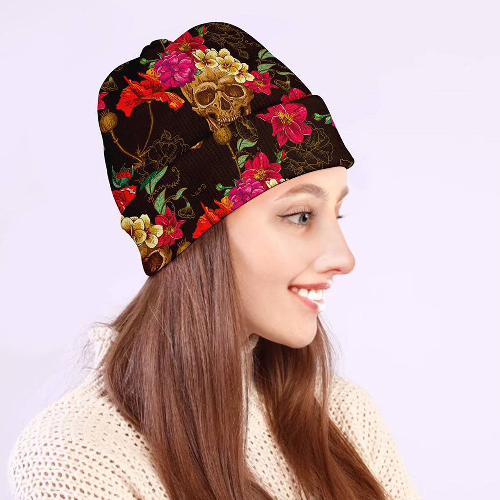 Vintage Flowers Skull Pattern Print Beanie