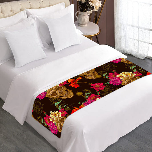 Vintage Flowers Skull Pattern Print Bed Runner