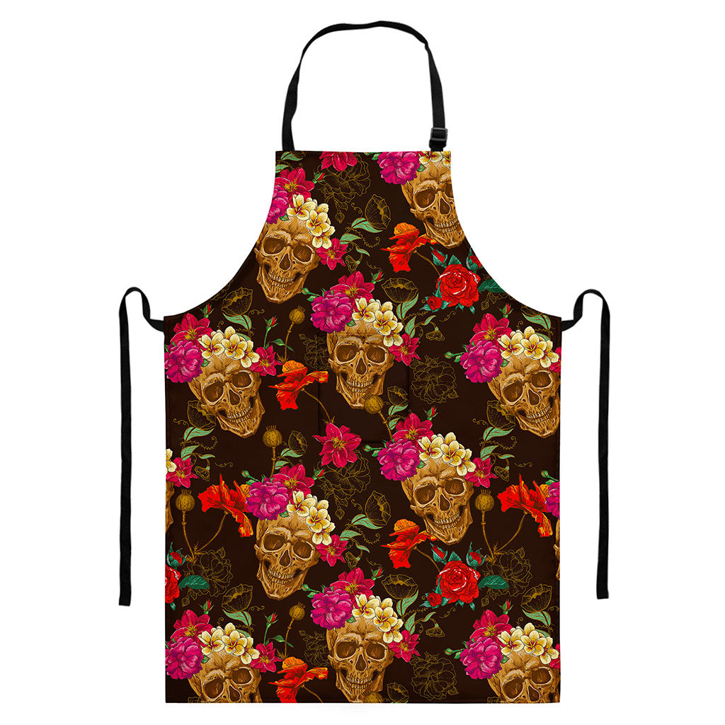 Vintage Flowers Skull Pattern Print Bib Apron With Pocket
