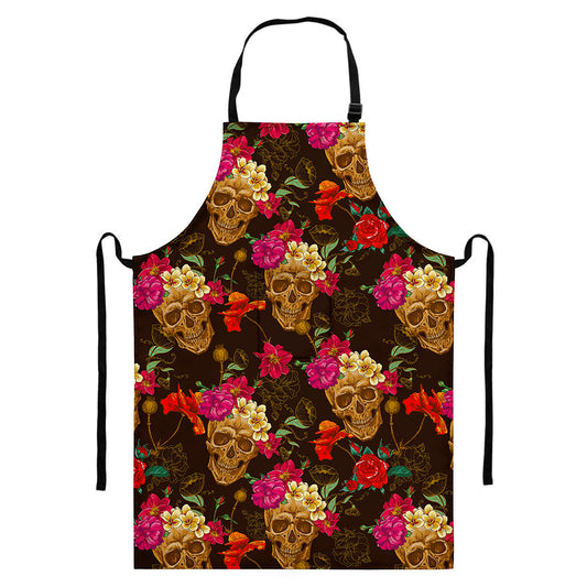 Vintage Flowers Skull Pattern Print Bib Apron With Pocket