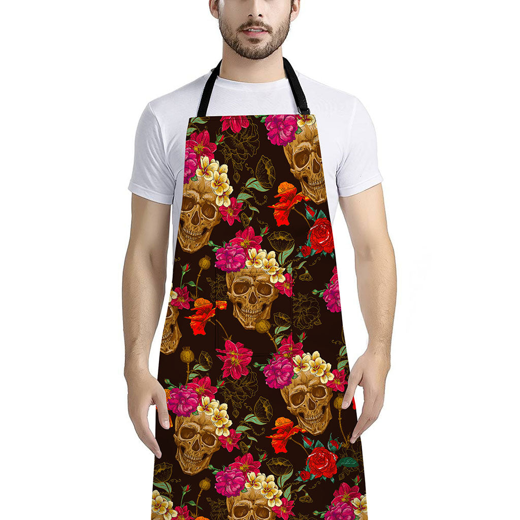 Vintage Flowers Skull Pattern Print Bib Apron With Pocket
