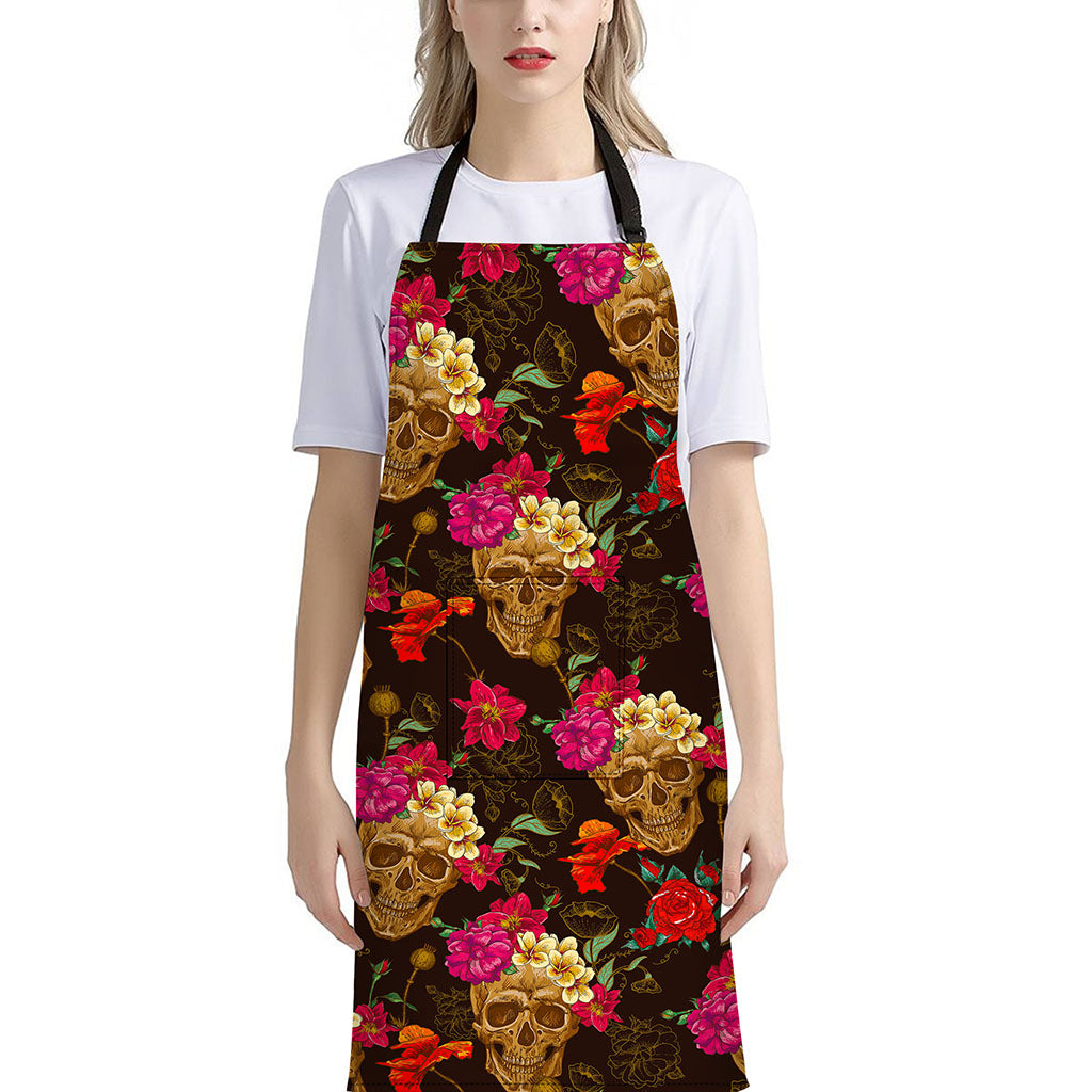 Vintage Flowers Skull Pattern Print Bib Apron With Pocket