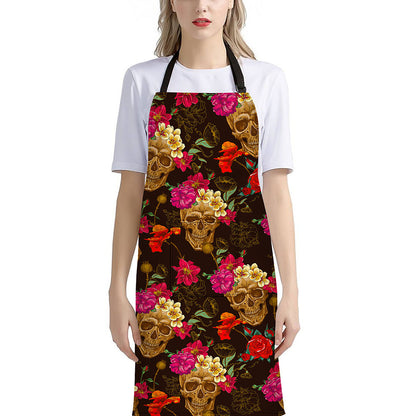 Vintage Flowers Skull Pattern Print Bib Apron With Pocket